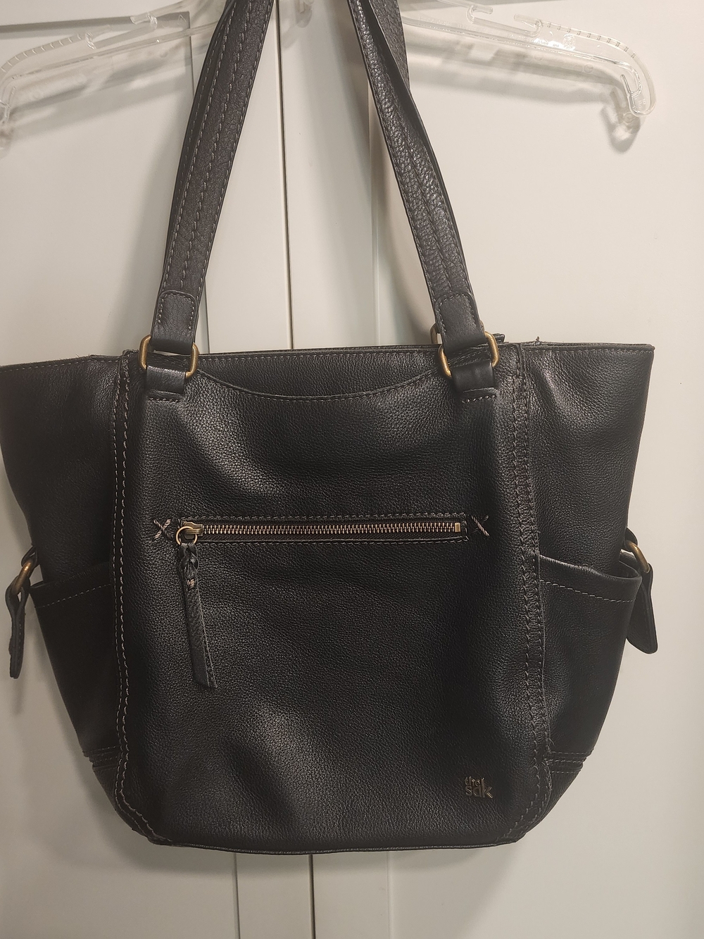 The Sak Black Leather Tote with Front Zip Pocket